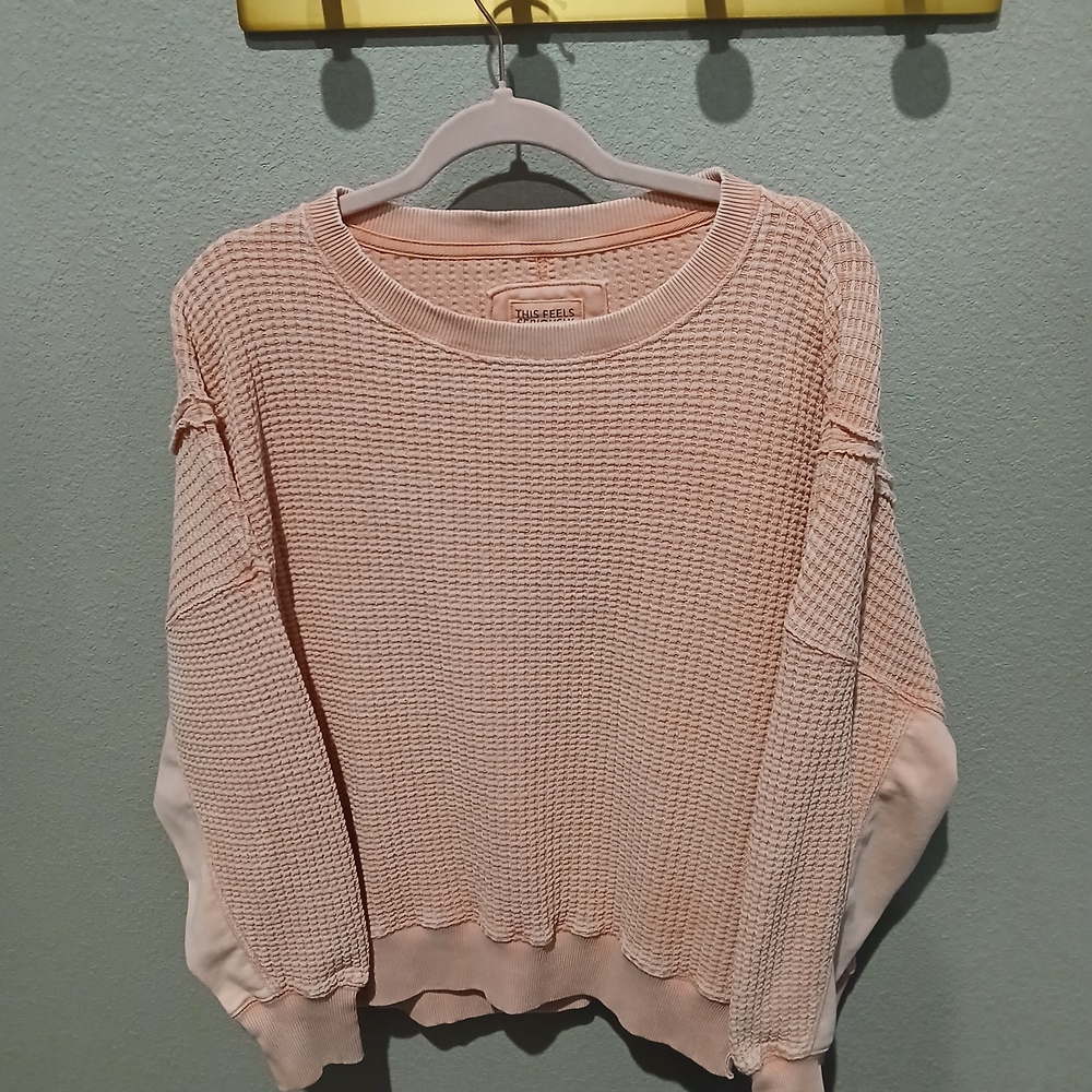 American Eagle Outfitters Pink Crew Neck Sweater with Waffle Knit